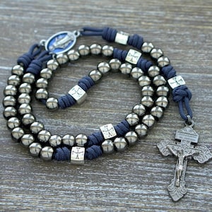 The Solemn Crusader | Handmade Metal Paracord Rosary: Blue, Gunmetal, Silver Crusader Beads | Pardon Crucifix