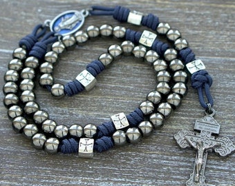 The Solemn Crusader | Metal Paracord Rosary | Blue and Gunmetal | Premium Catholic Gift