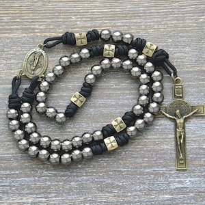 The Iron Crusader | Metal Paracord Rosary: Olive Crusader, Gunmetal, St. Benedict Crucifix | Catholic Gift