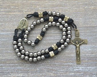 The Iron Crusader | Metal Paracord Rosary: Olive Crusader, Gunmetal, St. Benedict Crucifix | Catholic Gift