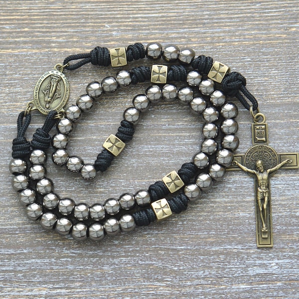 The Iron Crusader | Metal Paracord Rosary: Olive Crusader, Gunmetal, St. Benedict Crucifix | Catholic Gift