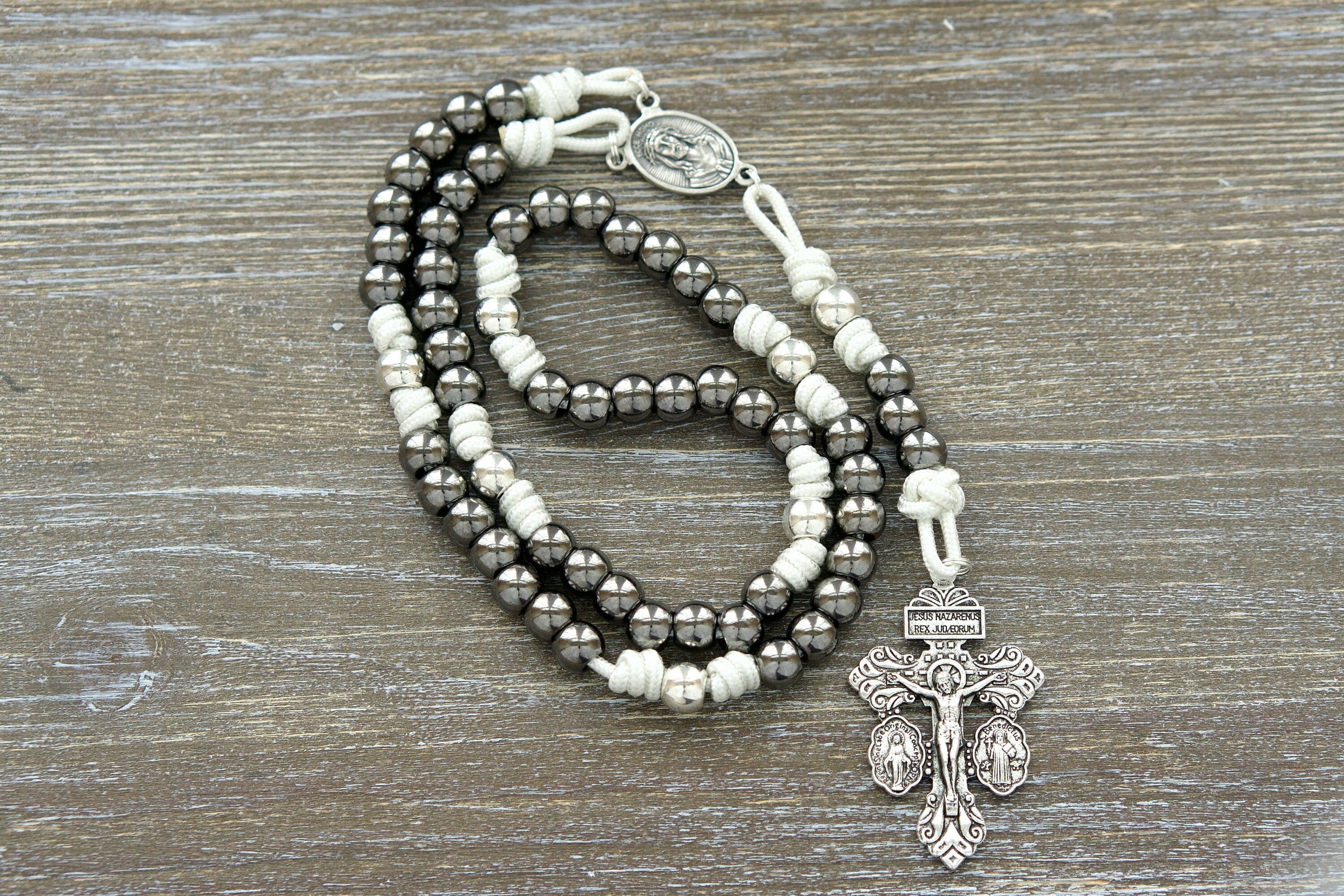 7 Sorrows Stainless Steel Servite Rosary Chaplet | Mater Dolorosa | White, Silver, Gunmetal Premium Paracord Rosary | Catholic Gifts