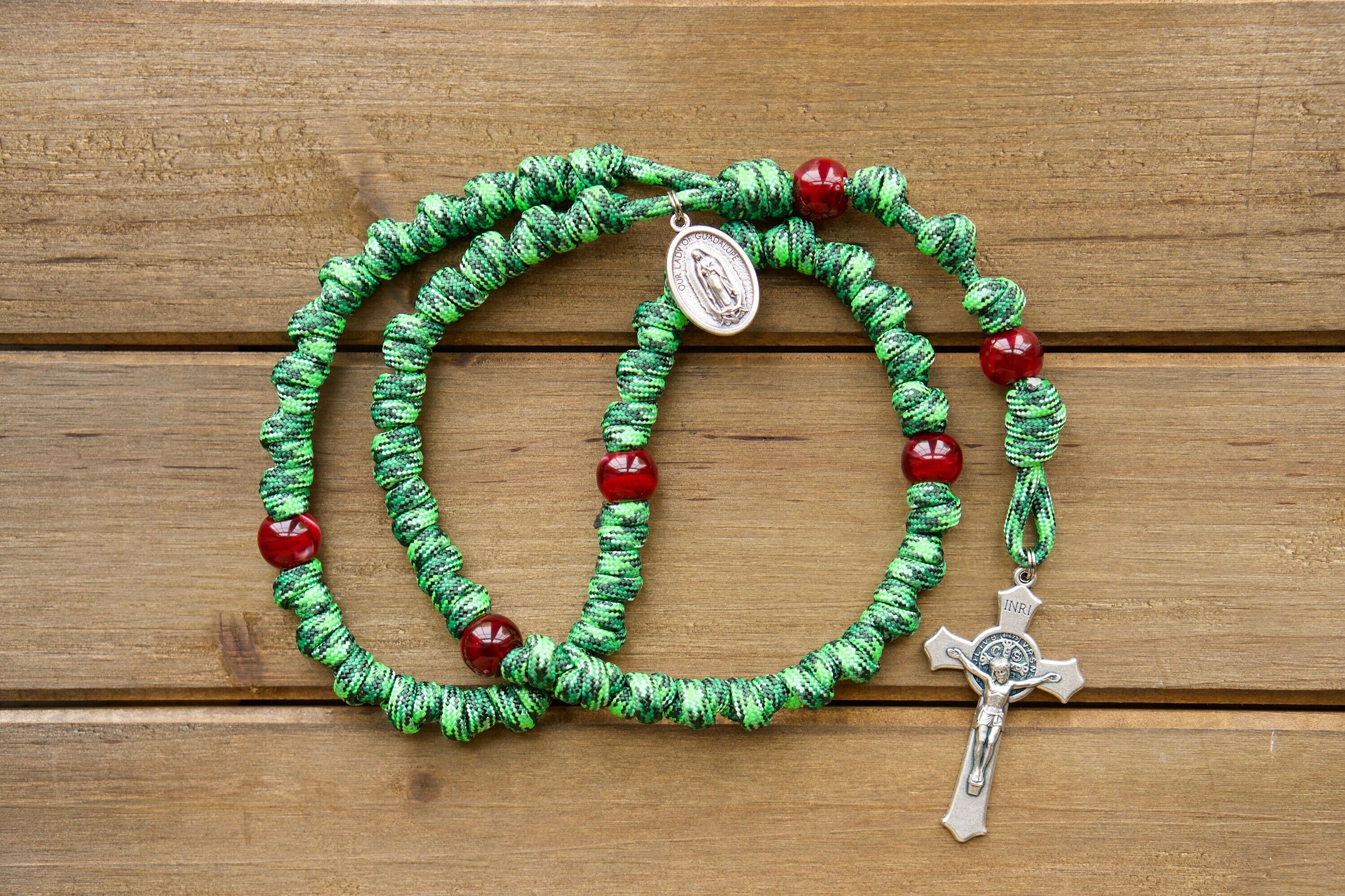 Our Lady of Guadalupe, Green and Red Knotted Rope Rosary Paracord