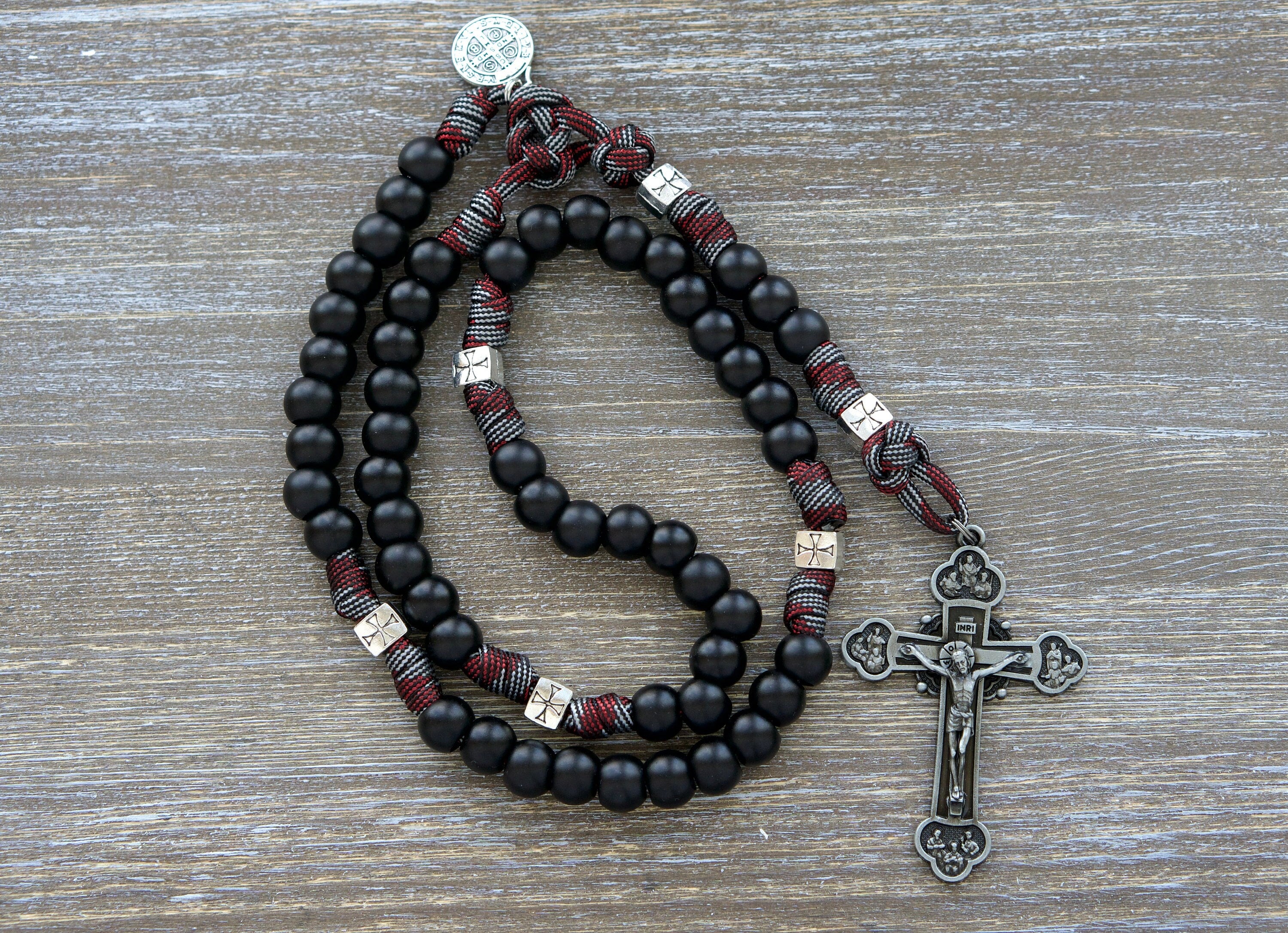 The Crusader - Red & Black Catholic Templar Paracord Rosary for Men - DEUS VULT!
