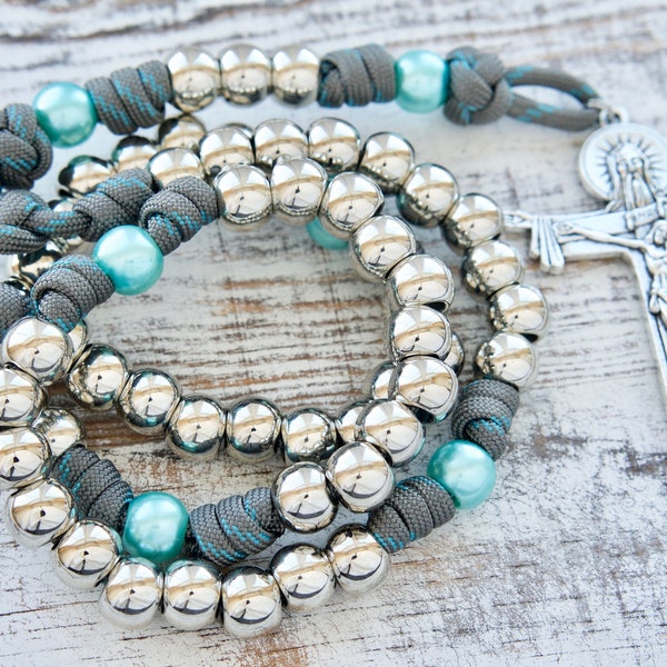 St. Anne's Intercession - Sky Blue, Gray and Silver 5 Decade Paracord Rosary