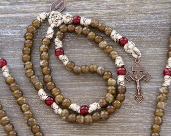 The Heavenly Rose - Maroon, Brown and Copper - 5 Decade Paracord Rosary - Miraculous Medal, Acrylic Beads
