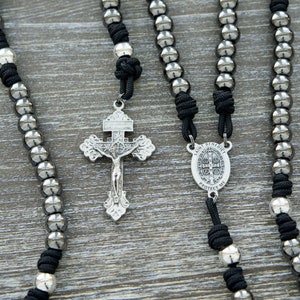 Iron Resolve | Black, Gunmetal and Silver Premium Paracord Rosary | Metal Beads | St. Benedict and Pardon Crucifix