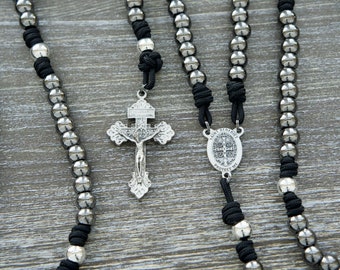 Iron Resolve - Black, Gunmetal and Silver Premium Paracord Rosary | St. Benedict and Pardon Crucifix | Metal Bead Rosary
