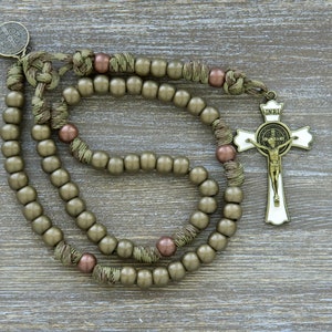 Holy Defense - Camo, Olive and Copper - Catholic Paracord Rosary | Enamel St. Benedict Crucifix
