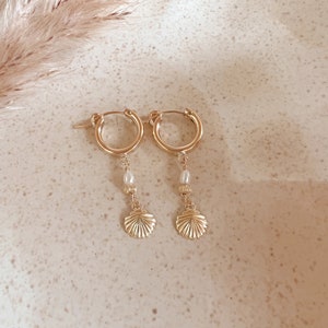 Clam Shell Hoops/Pearl and Clam Shell Hoops/Gold Dangle Seashell Charm Hoops/Freshwater Pearl and Shell Drop Dangle Hoops/Summer Hoops