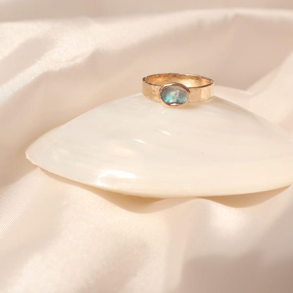 Hammered 14k Gold Filled Ring: Abalone Shell Inlay, Waterproof