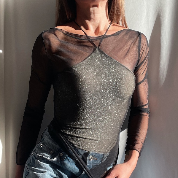 Skin top in Tulle elasticizzato manica lunga