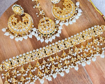 Gold and White Kundan Choker set gold choker earrings teeka