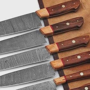 Handmade Damascus Steel Chef Knife Set | 5-Piece Kitchen Knives with Leather Roll