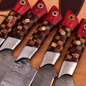Handmade Damascus Steel Chef Knife Set | 5-Piece Professional Kitchen Knives with Leather Sheath