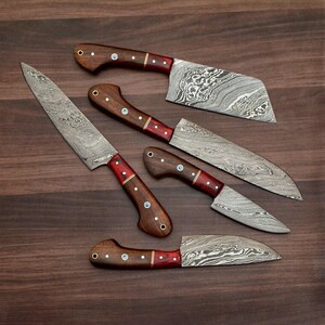 Hand Forged Damascus Steel Chef Knife Set | Professional Kitchen Knives with Leather Sheath