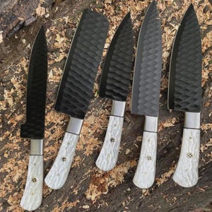 Hand Forged Carbon Steel Kitchen Knife Set | Resin Handle | Unique Leather Sheath