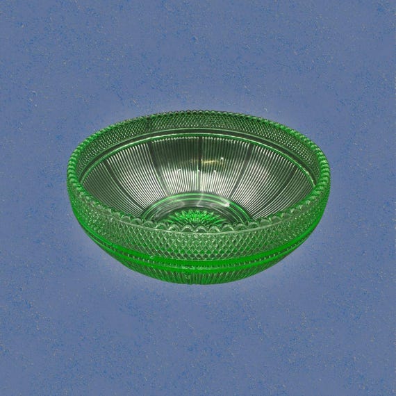 Vintage uranium vaseline glass serving bowl, UV glow, ribbed diamond starburst, Depression era