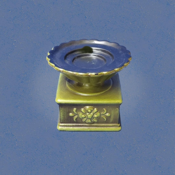 Vintage Royal Haeger 3153 Green Pedestal Candle Holder - MCM Brushed Olive Ceramic