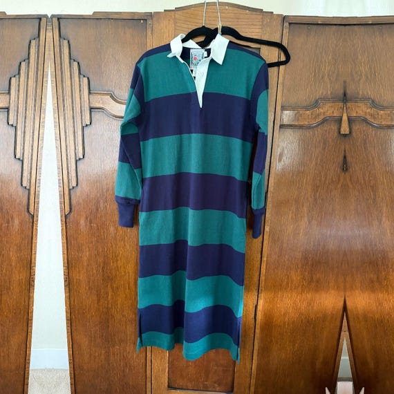 Vintage Thatcher & Cross Striped Rugby Dress - Green Navy Cotton Long Sleeve Size S