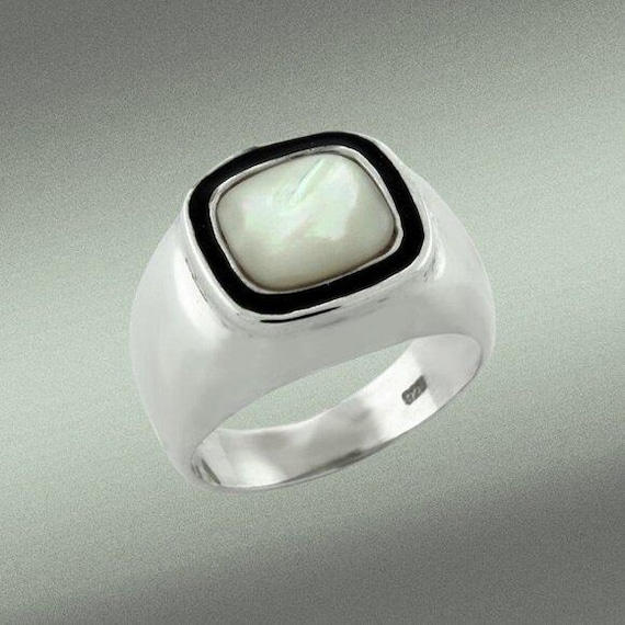 925 Sterling Silver White Jade Signet Ring Black Enamel Size 5
