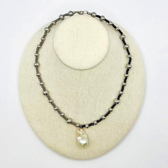 Handmade Beaded Necklace with Genuine Pearl Pendant