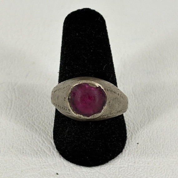 Vintage Ottoman Style Metal Ring Pink Glass Stone Size 7.5