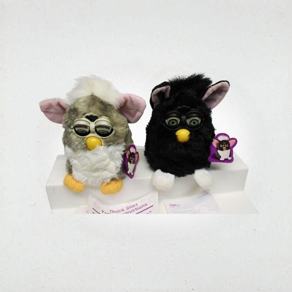 Vintage Tiger Electronics Furby Pair Gray White and Black 1998 with Instructions and Tags