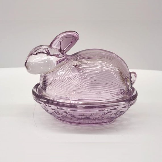 Vintage Lavender Glass Rabbit Covered Dish