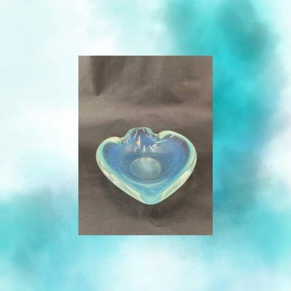 Vintage Opalescent Blue Glass Heart Dish Ruffled Edge Trinket Jewelry Holder