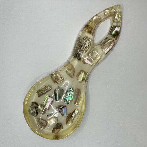 Vintage 1970s Lucite Spoon Rest with Embedded Abalone Shell