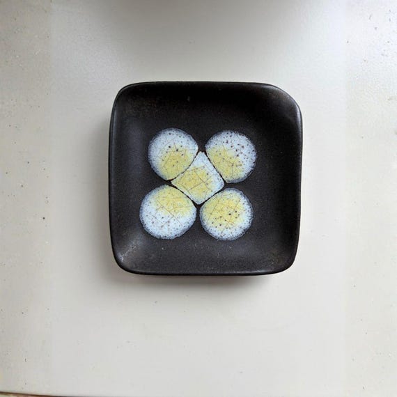 Mid Century Studio Pottery Trinket Dish Black Yellow Glaze Square