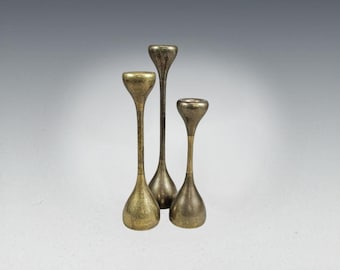 Vintage Danish Mid Century Modern Brass Tulip Candlestick Holders Set of Three