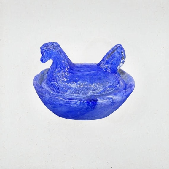 Vintage blue swirl glass hen on nest salt dip cellar