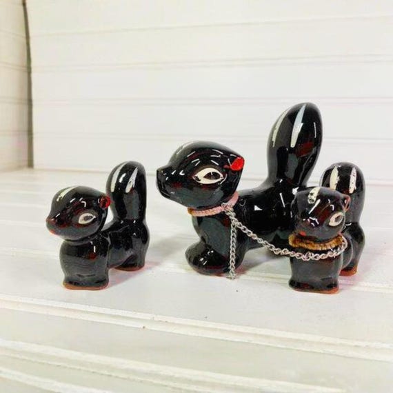Vintage Japanese Skunk Family Redware Pottery Figurines