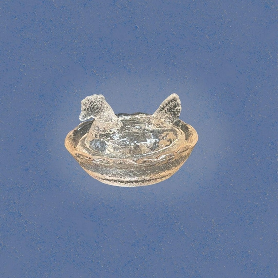 Miniature Glass Hen on Nest Salt Cellar Clear Pink Blush