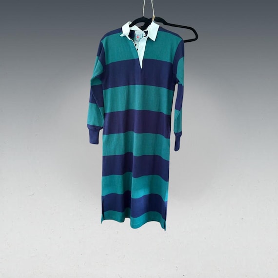 Vintage Thatcher & Cross Striped Rugby Dress - Green Navy Cotton Long Sleeve Size S
