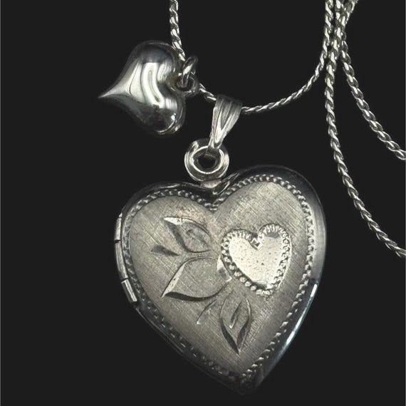 Avon Sterling Silver Heart Locket Necklace Engraved Floral Puffed Heart Charm 18"