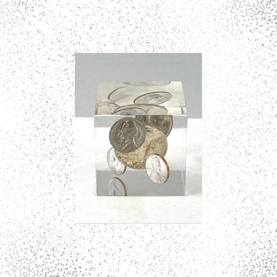 Mid Century Modern Lucite Coin Paperweight Clear Acrylic Desk Accessory