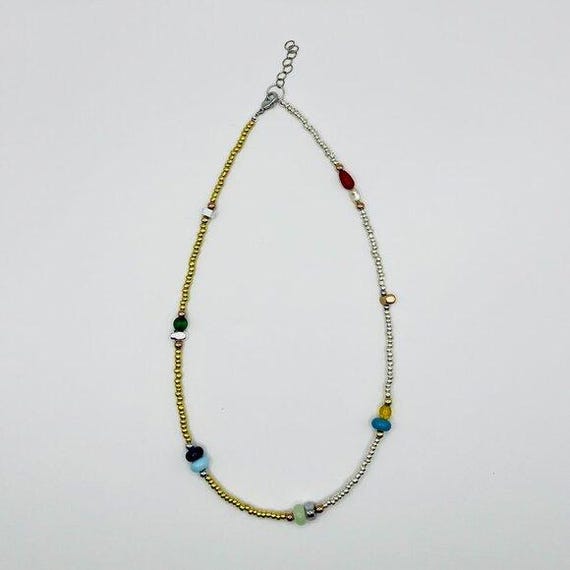 Handmade Gold Silver Beaded Necklace Mixed Vintage Beads