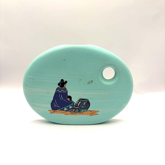 Vintage Southwest Ceramic Turquoise Bud Vase with Hand-Painted Native American Figural Scene