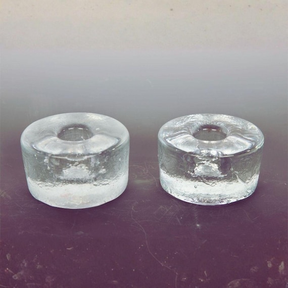 Vintage Mid-Century Modern Ice Block Clear Glass Candle Holders