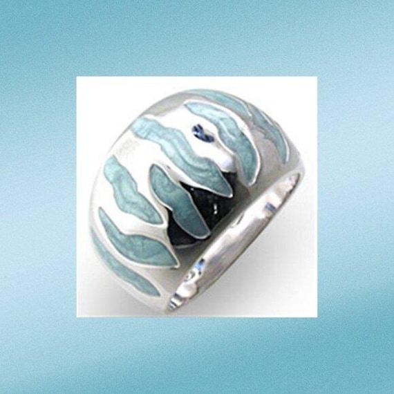 Sterling Silver Sea Blue Epoxy Striped Dome Ring