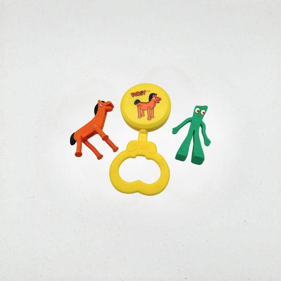 Vintage Gumby & Pokey Lot — 2 Rubber Figures + Pokey Baby Rattle