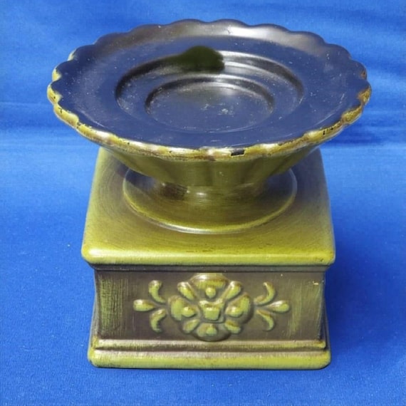 Vintage Royal Haeger 3153 Green Pedestal Candle Holder - MCM Brushed Olive Ceramic
