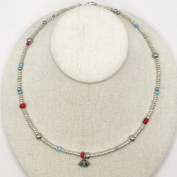 Handmade Silver Beaded Necklace with Scosha Turquoise Eye Pendant