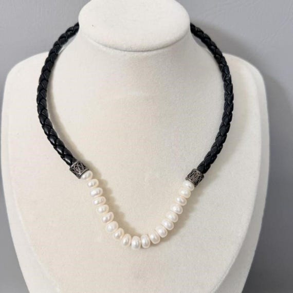 Sterling Silver Freshwater Pearl Braided Black Leather Choker Necklace 14"