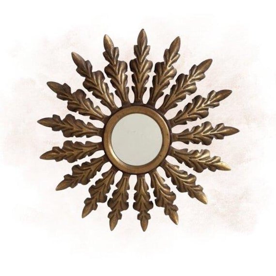 Vintage Gold Sunburst Wall Mirror - Decorative Leaf Design