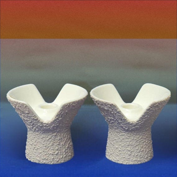 Vintage Royal Haeger R1775-S Candleholders Pair - MCM White & Gray Textured Ceramic