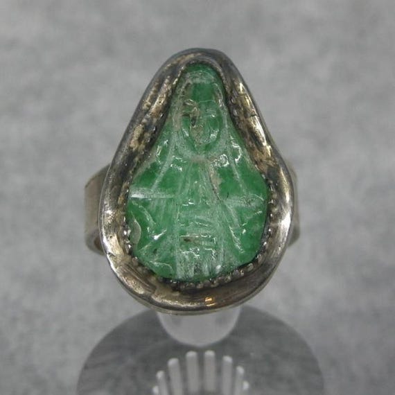 Vintage Sterling Silver Carved Green Jade Buddha Ring Hallmarked Size 8